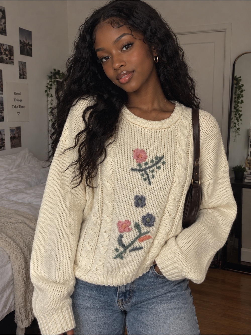 Vintage Currants Hand Loomed Floral Embroidered Cable Knit Sweater Large